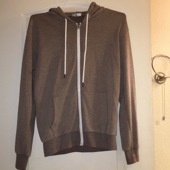 beige thin zip up hoddie with white drawstrings - Picture 2 of 2
